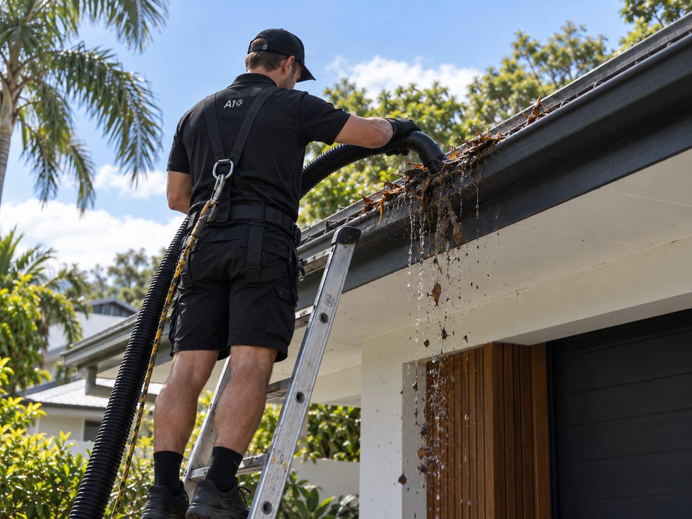 A1 technician on a ladder vacuuming leaves out of a gutter on a Sunshine Coast home