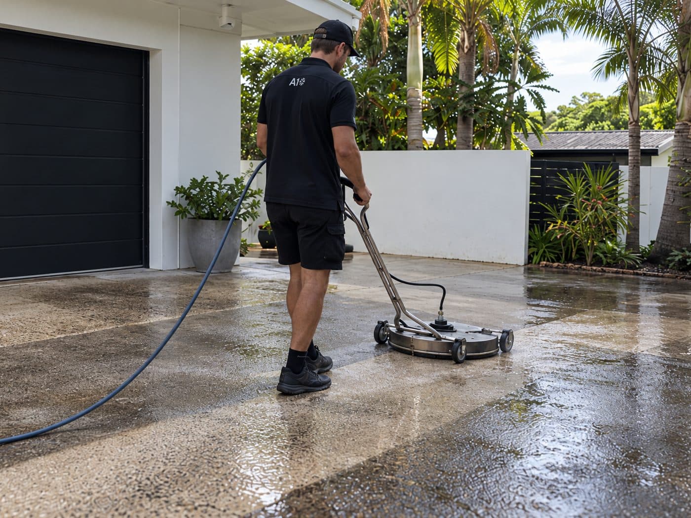 A1 technician running a rotary surface cleaner across a driveway