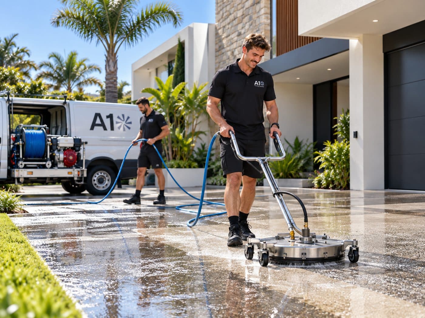 A1 rotary surface cleaner on a driveway with the van and hose reel behind