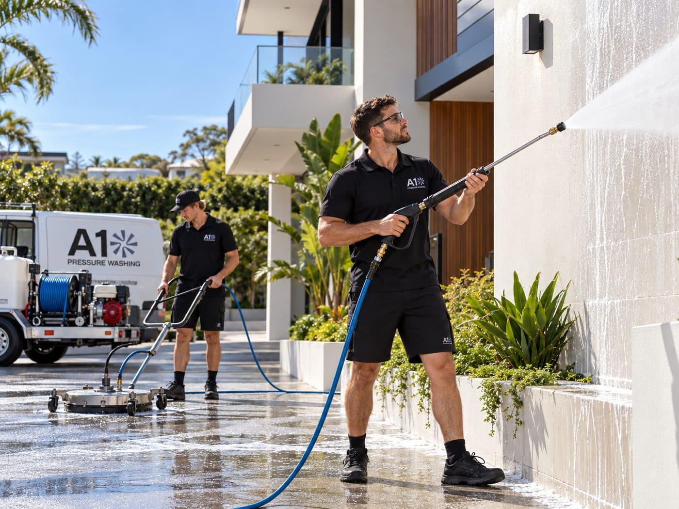 Soft-wash solution being applied to a rendered wall, gardens below